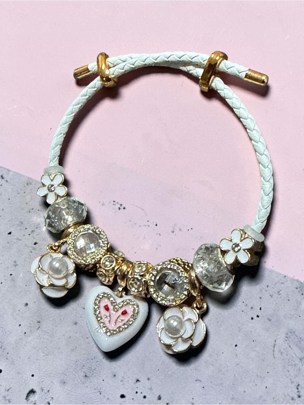 White and Gold Floral Heart Charm Bracelet - Women Jewelry